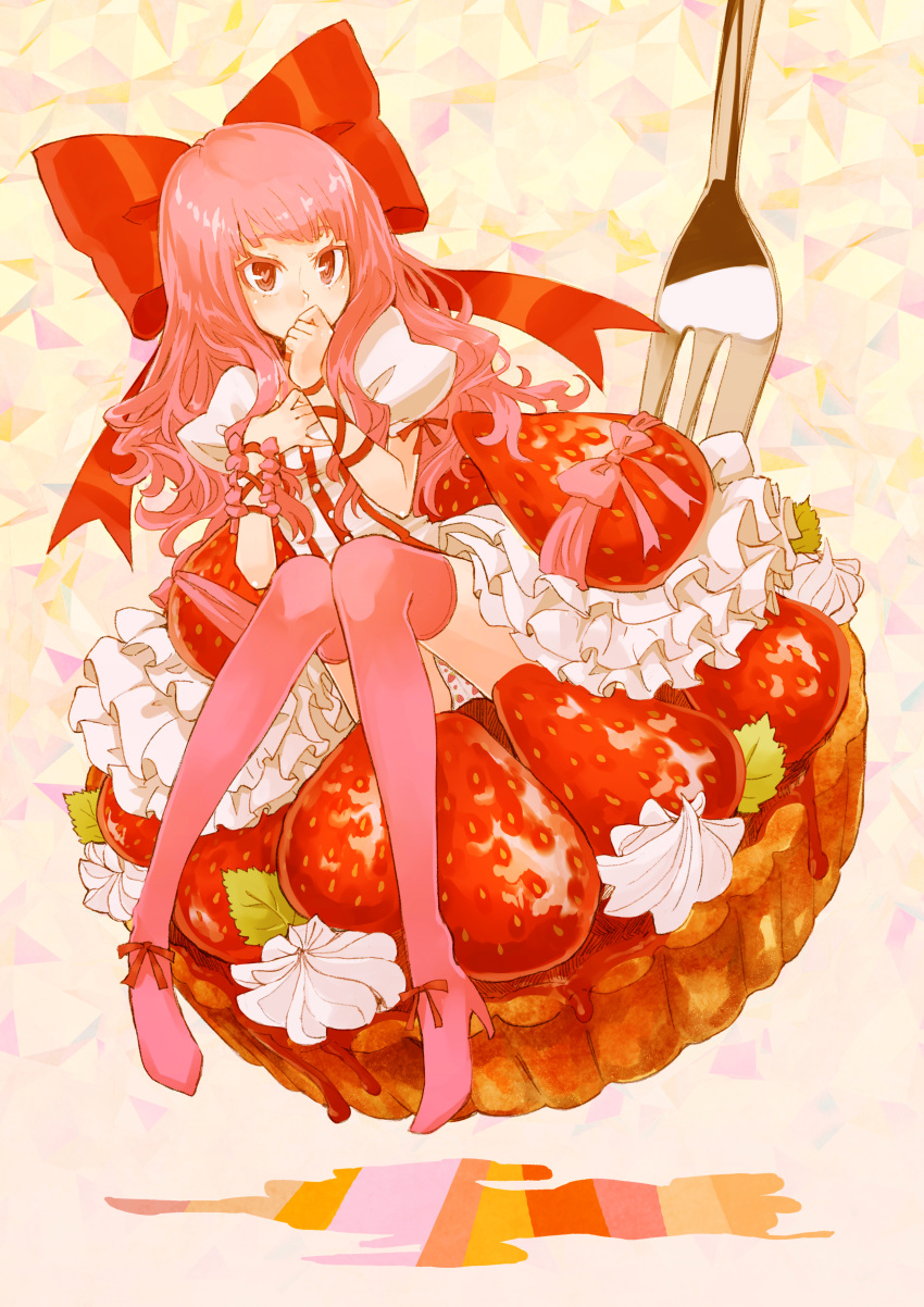 bow cake cake_dress food food_as_clothes food_themed_clothes fork fruit hair_bow highres ochakai_shinya original panties personification print_panties solo strawberry strawberry_panties strawberry_print thigh-highs thighhighs underwear whipped_cream zettai_ryouiki