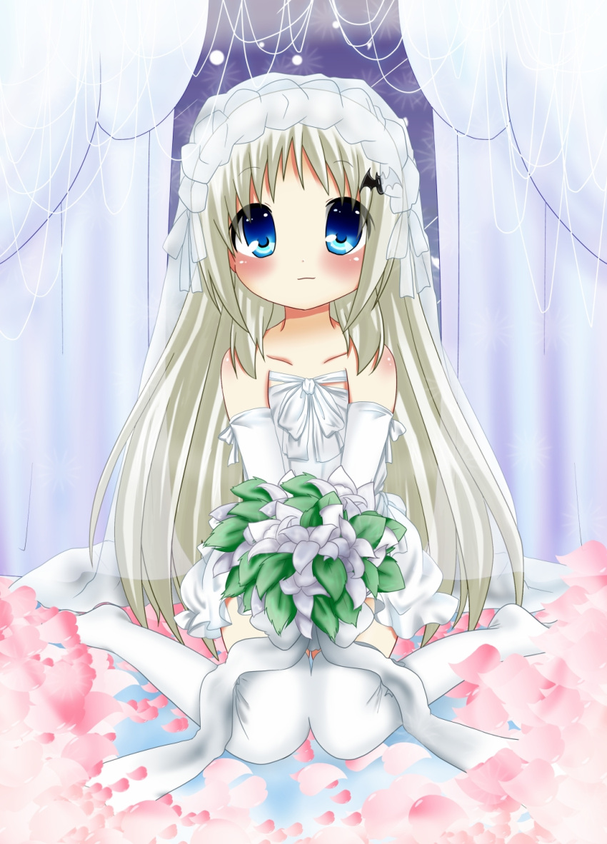 blue_eyes bouquet bridal_veil dress flower highres juujiro_eru little_busters!! long_hair noumi_kudryavka solo thigh-highs thighhighs veil wedding_dress