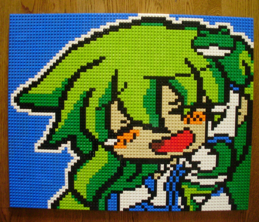 1girl closed_eyes derivative_work detached_sleeves frog green_hair happy_tears highres kochiya_sanae lego open_mouth photo snake solo tears touhou white_snake you_rei_(blowback)