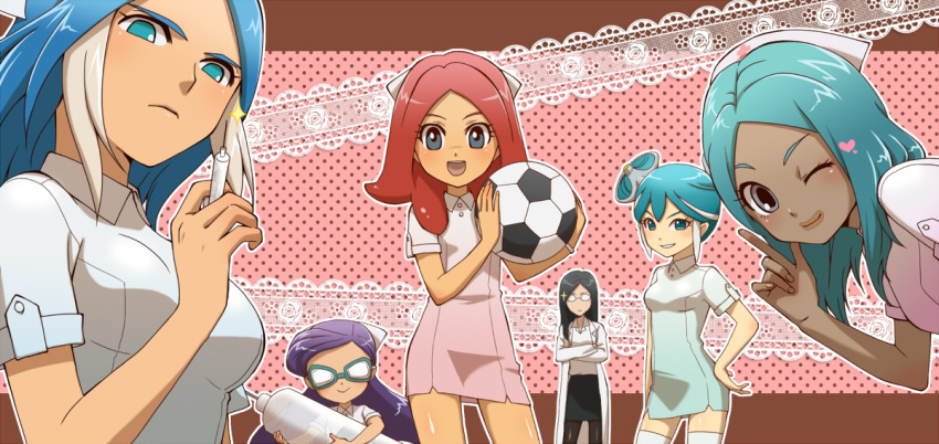 ball barazono_han black_hair blue_eyes blue_hair breasts cleavage glasses hat inazuma_eleven inazuma_eleven_(series) kira_hitomiko long_hair maquia nurse nurse_cap pantyhose purple_hair short_hair smile soccer_ball syringe urabe_rika urubida wink zaizen_touko