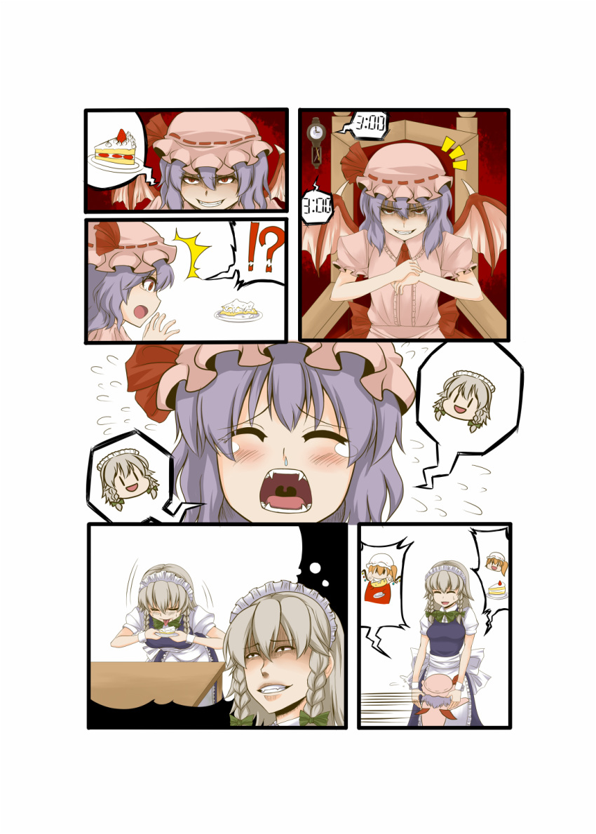blonde_hair blue_dress blue_hair braid cake comic dress fangs flandre_scarlet food fruit grin highres izayoi_sakuya just_as_planned licking maid open_mouth pink_dress red_eyes remilia_scarlet side_ponytail silent_comic silver_hair smile strawberry tears touhou troll_face twin_braids uvula wings zetsumame