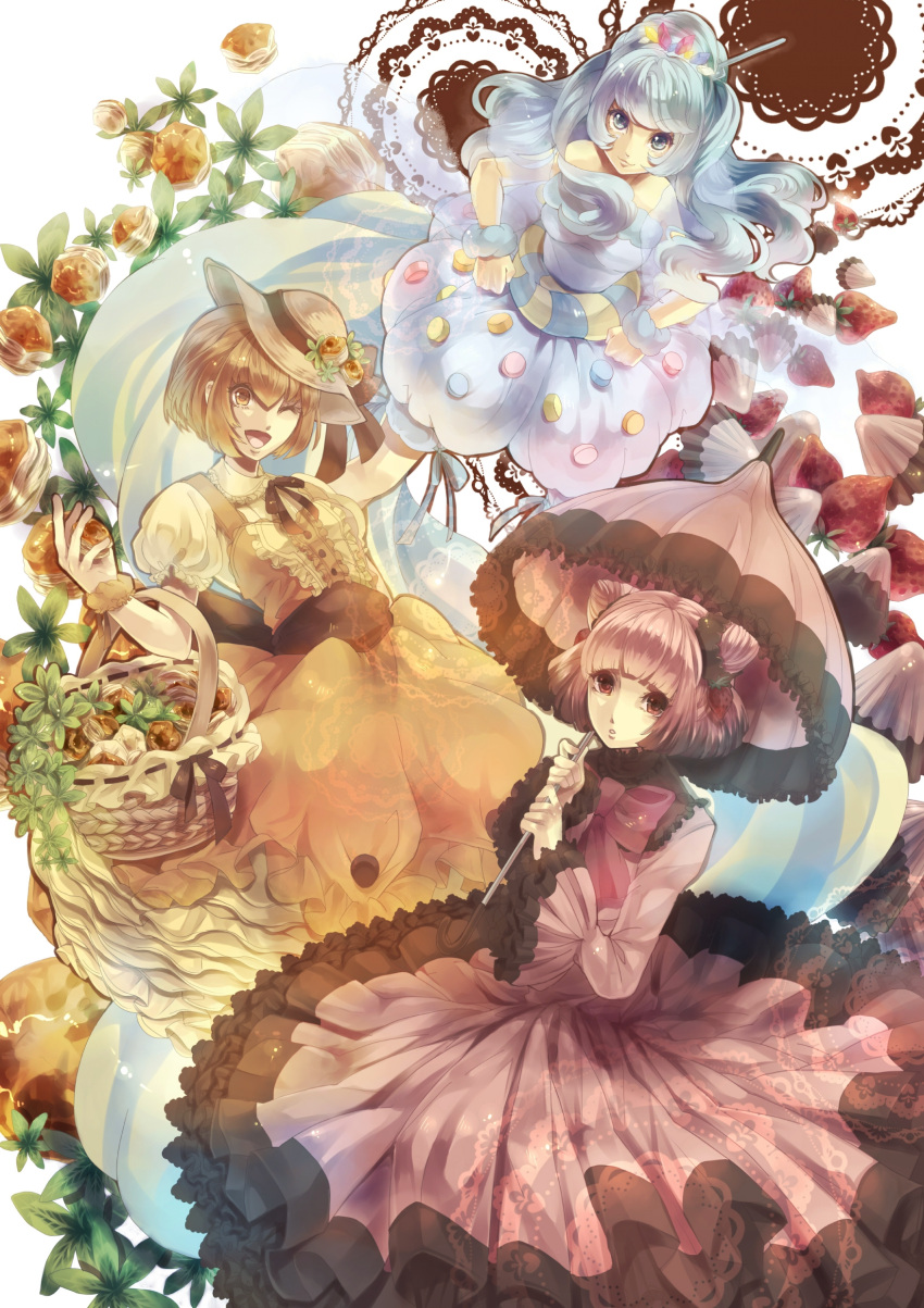 apollo_chocolate basket blue_eyes blue_hair brown_eyes brown_hair double_bun dress food food_as_clothes food_themed_clothes fruit hainegom hair_ornament hairband hat highres janis_(hainegom) lolita_fashion long_hair original parasol personification pink_hair short_hair strawberry umbrella wink