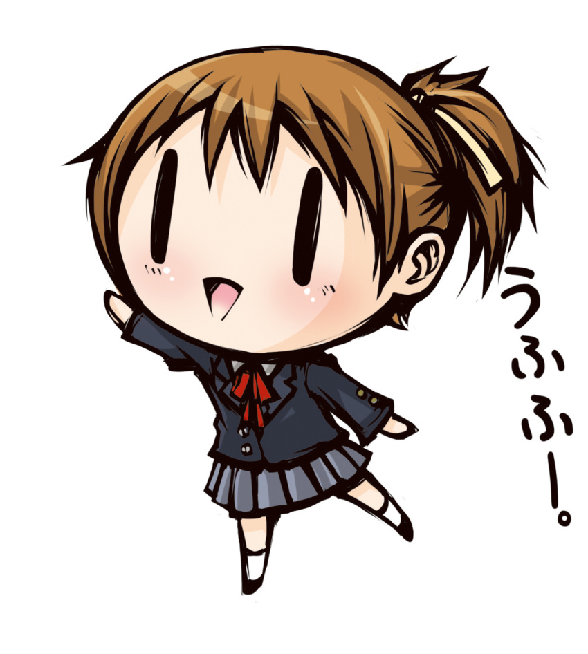 bear brown_hair chibi highres hirasawa_ui k-on! laughing onigawara ponytail simple_background uniform