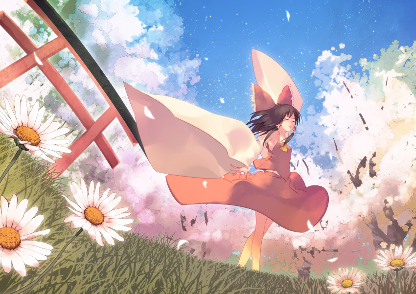 1girl absurdres blue_sky bow cherry_blossoms closed_eyes daisy detached_sleeves dress eyes_closed flower flower_field hair_bow hair_tubes hakurei_reimu highres long_sleeves midriff miko no_bra red_dress sky solo torii touhou tree wide_sleeves