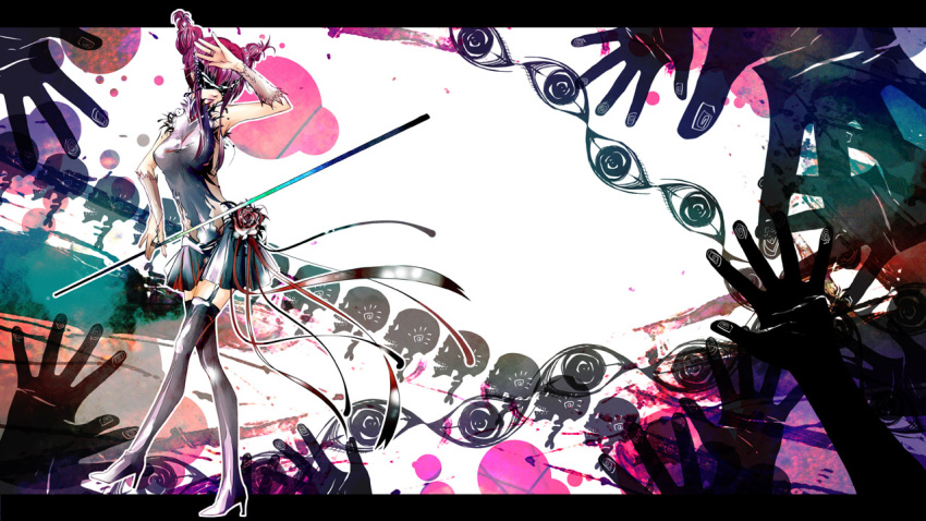 armpits artist_request detached_sleeves flower garter_belt megurine_luka pink_hair rose skirt skull solo source_request staff sunglasses swirl thigh-highs twintails vocaloid walking