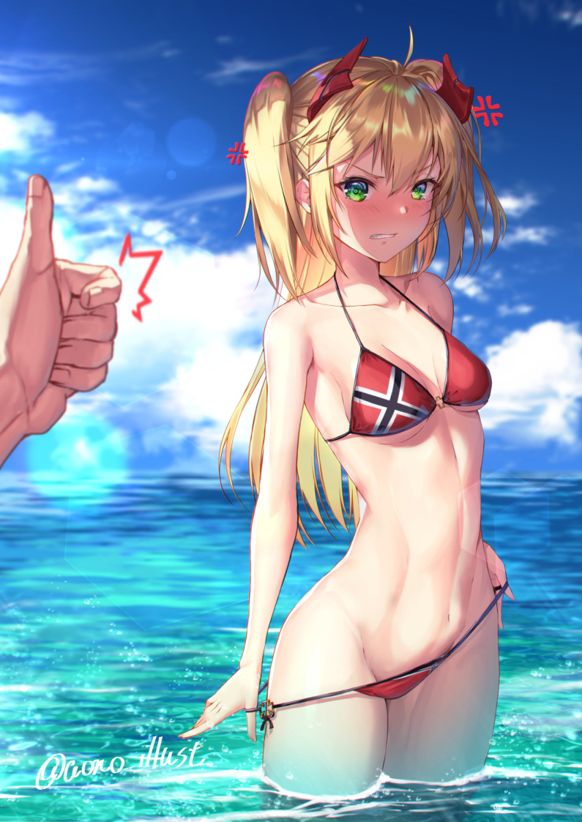1boy 1girl admiral_hipper_(azur_lane) ahoge alternate_costume anger_vein angry aono_meri azur_lane bangs beach bikini bikini_tug blonde_hair blue_sky blurry blush breasts clouds collarbone day depth_of_field eyebrows_visible_through_hair green_eyes groin hair_between_eyes headgear highres iron_cross long_hair looking_at_viewer mole navel ocean outdoors parted_lips partially_submerged pov red_bikini sky small_breasts standing stomach sunlight swimsuit thighs thumbs_up twitter_username two_side_up