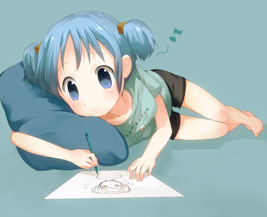 blue_eyes blue_hair drawing foreshortening hair_cubes hair_ornament musical_note naganohara_mio nichijou on_side pencil pillow ro_(61232ta) short_twintails shorts simple_background solo t-shirt thigh_gap thighs twintails