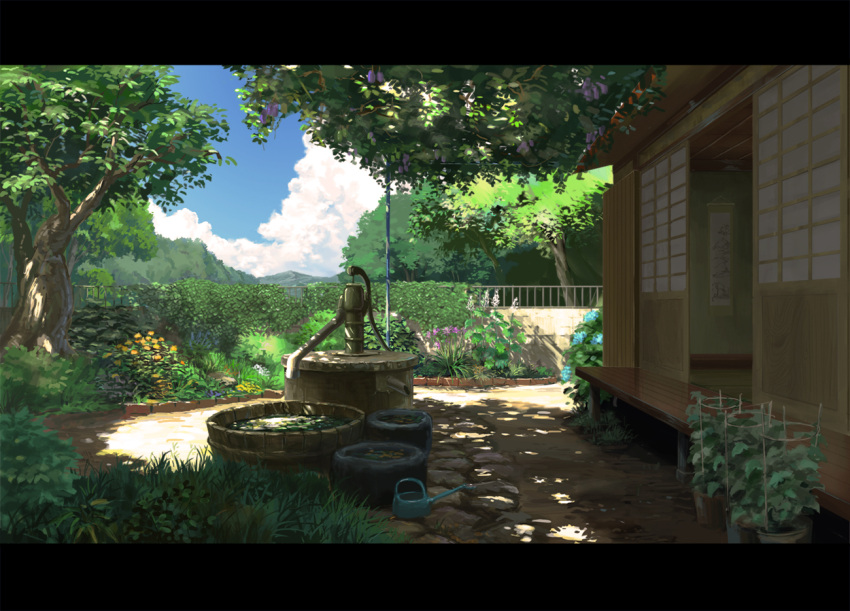 east_asian_architecture fence flower garden landscape letterboxed no_humans original plant porch potted_plant scenery scenic shade shouji sky sliding_doors sunlight tree_shade watering_can well you_(shimizu)