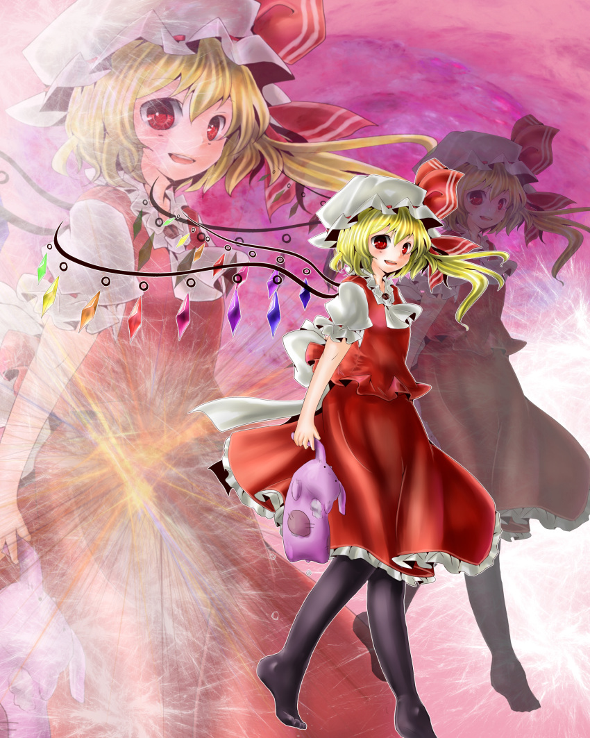 absurdres ascot bat_wings black_legwear blonde_hair broken crystal derivative_work flandre_scarlet hat highres mio_hisame open_mouth pantyhose red_eyes short_hair side_ponytail smile solo stuffed_animal stuffed_toy stuffing the_embodiment_of_scarlet_devil torn touhou wings zoom_layer