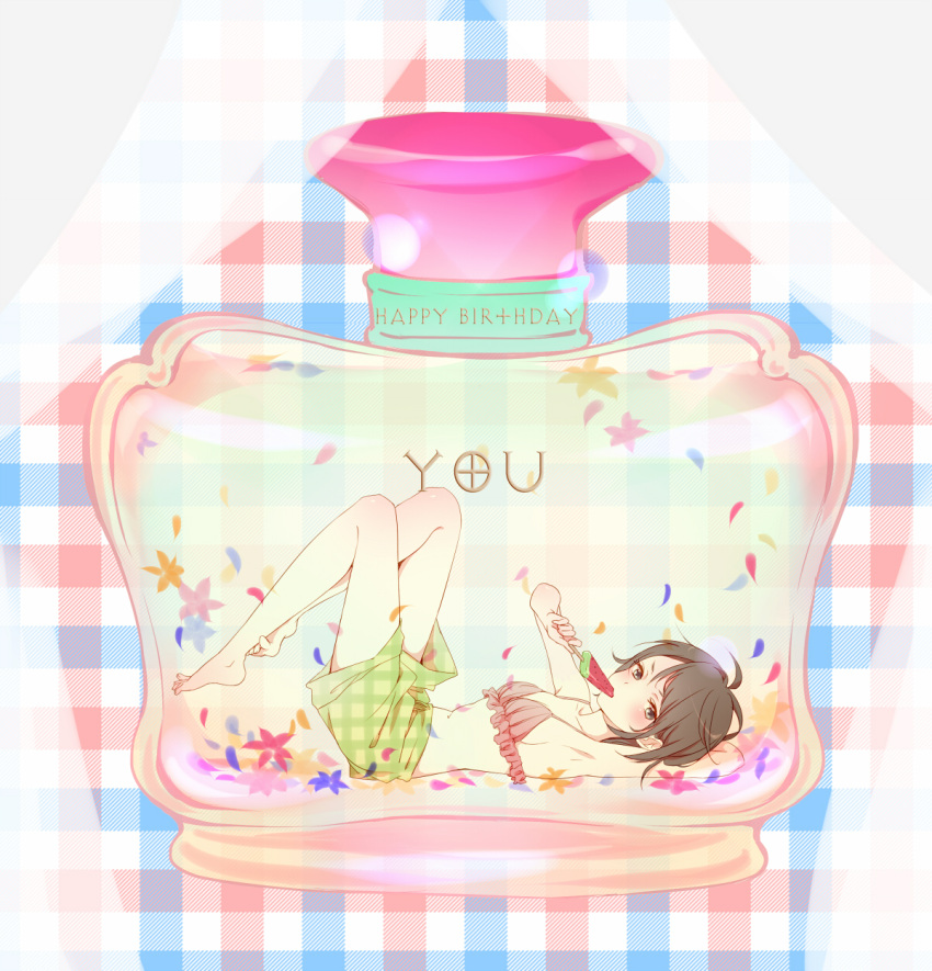 1girl arm_behind_head barefoot bikini_top bottle brown_eyes brown_hair curtains eating flower food frills happy_birthday highres in_bottle in_container legs_up lying on_back original petals plaid plaid_background popsicle short_hair shorts solo teti watermelon_bar