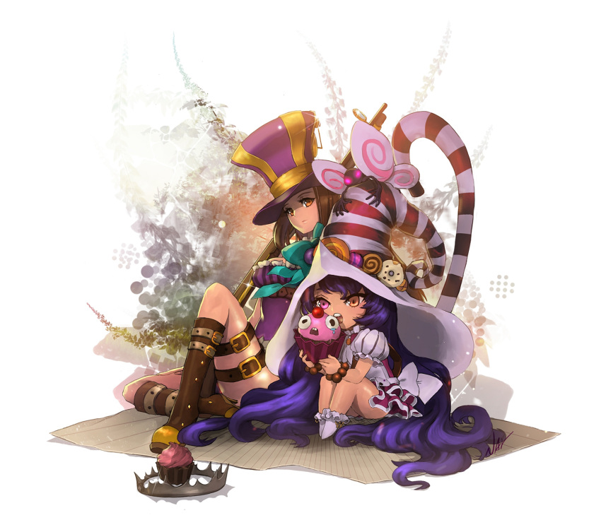 2girls bear_trap boots bracelet brown_eyes brown_hair caitlyn_(league_of_legends) cupcake dress eating gun hat heterochromia highres jewelry league_of_legends long_hair lulu_(league_of_legends) multiple_girls nal_(nal's_pudding) pix purple_hair rifle sitting sparkle tears top_hat very_long_hair weapon witch_hat