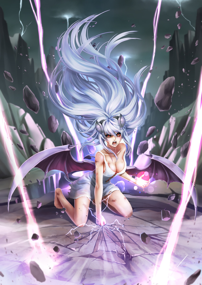 1girl absurdres angry barefoot black_sclera blood breasts cleavage clenched_hand demon_girl demon_horns demon_tail demon_wings dress fangs highres horns injury lightning lilim_(monster_girl_encyclopedia) long_hair maritan_(artist) monster_girl_encyclopedia off_shoulder red_eyes silver_hair solo succubus tail wings wound