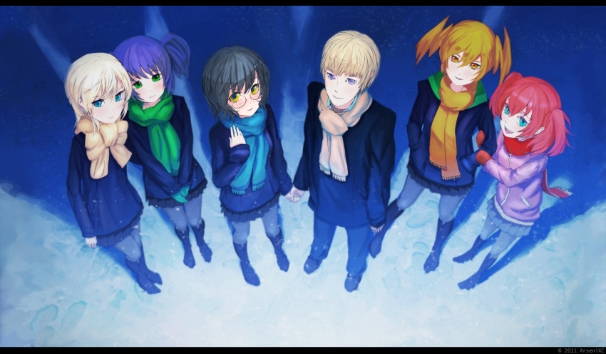 5girls arsenixc black_hair blonde_hair blue_hair blush boots from_above glasses hand_holding highres holding_hands letterboxed multiple_girls pantyhose possible_duplicate purple_hair red_hair redhead scarf school_uniform skirt snow twintails winter_clothes winter_tale wintertale