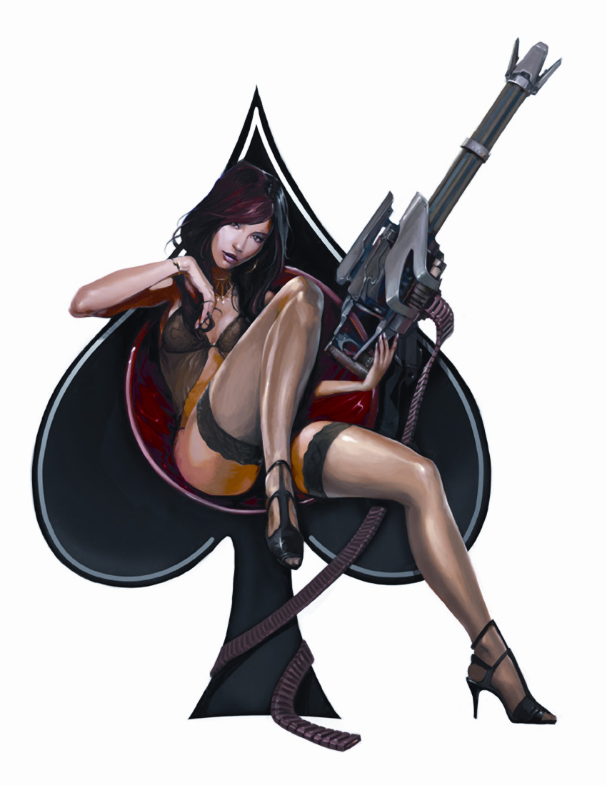 absurdres ammunition_belt artist_request black_legwear bracelet breasts brown_hair earrings fingernails gatling_gun gun hair_ornament hairclip high_heels highres jewelry lace lace-trimmed_thighhighs large_breasts lingerie long_fingernails long_hair necklace nightgown official_art shoes sitting spade starcraft thigh-highs toes underwear weapon