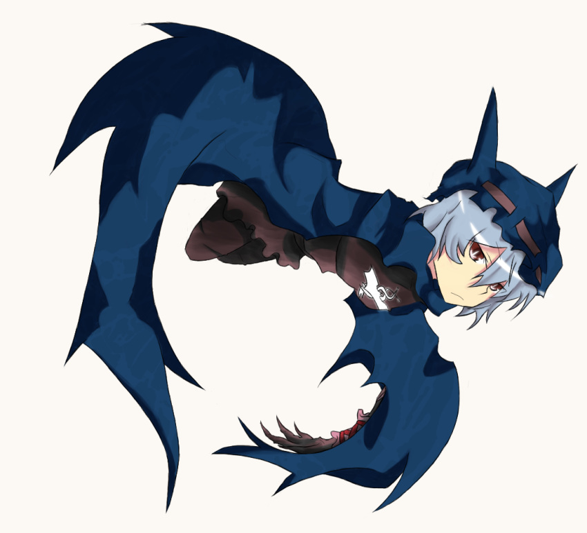 bad_id batman batman_(cosplay) batman_(series) blue_hair chibi claws cosplay dc_comics dutch_angle hat parody red_eyes remilia_scarlet simple_background solo touhou yam-potong