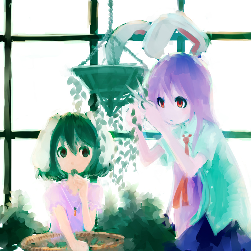 2girls animal_ears black_hair carrot eating faux_traditional_media gardening highres inaba_tewi jewelry long_hair multiple_girls necklace necktie purple_hair rabbit_ears reisen_udongein_inaba scissors short_hair touhou