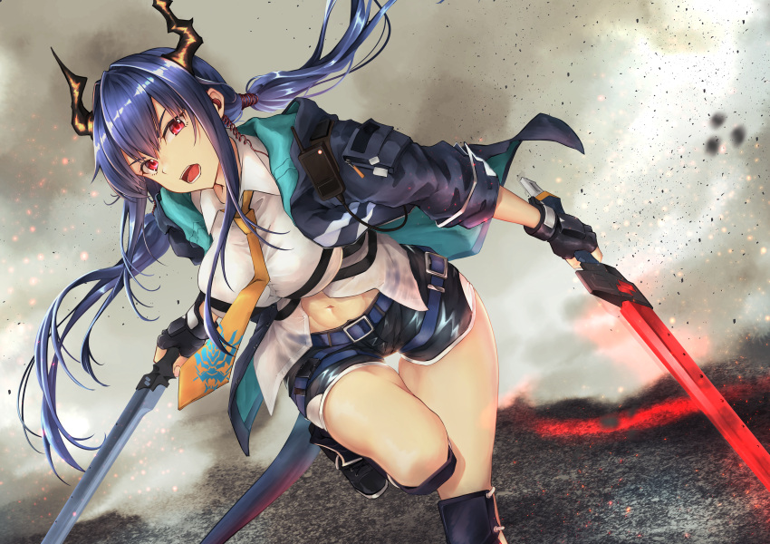 1girl absurdres arknights bangs blue_hair breasts ch'en_(arknights) denim denim_shorts dragon_horns dragon_tail dual_wielding hair_between_eyes highres holding horns jacket kuromu long_hair midriff navel open_mouth red_eyes shirt shorts solo sword tail thighs twintails weapon white_shirt