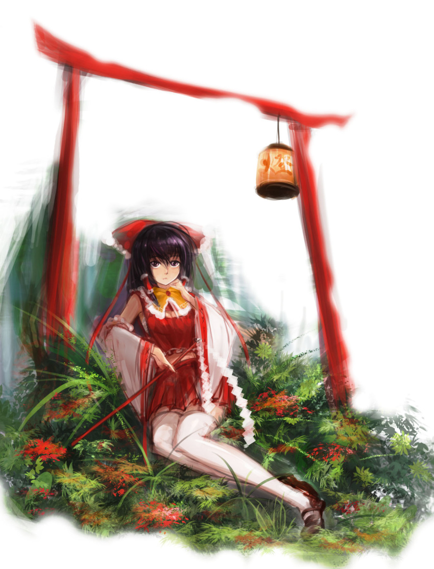 12cat 1girl ascot black_eyes black_hair bow detached_sleeves faux_traditional_media flower gohei grass hair_bow hakurei_reimu hand_on_own_chin highres lantern lips long_hair looking_at_viewer mary_janes midriff nature outdoors reclining sarashi shoes simple_background skirt skirt_set solo thigh-highs torii touhou white_background