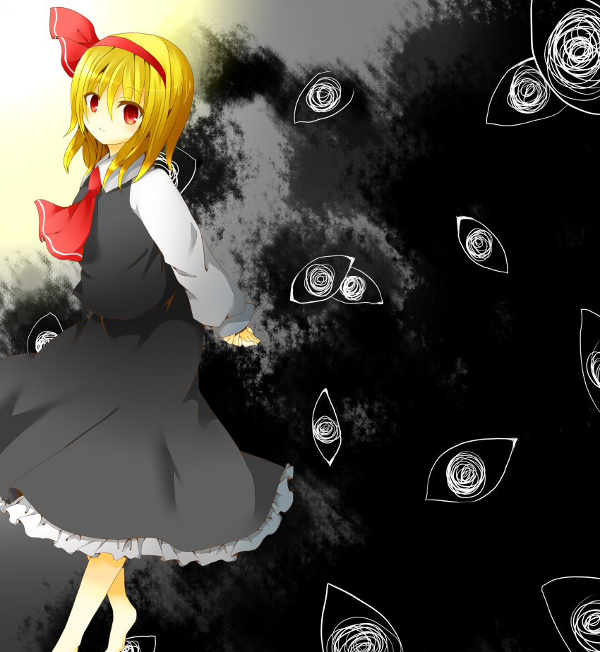 absurdres arms_behind_back ascot barefoot blonde_hair bow hair_bow hair_ribbon hairband highres red_eyes ribbon rumia short_hair solo the_embodiment_of_scarlet_devil touhou youkai