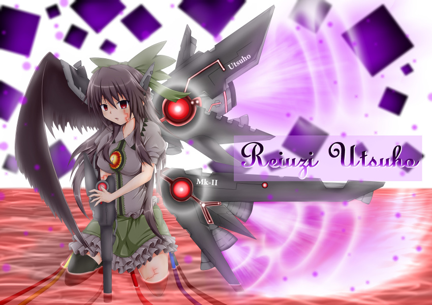 absurdres alternate_costume alternate_weapon arm_cannon artificial_wings bad_id black_hair highres long_hair red_eyes reiuji_utsuho solo tjk touhou weapon wings