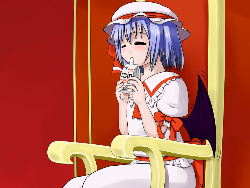 1girl =_= bat_wings blue_hair bow closed_eyes drinking fingernails hat hat_ribbon mob_cap motion_lines puffy_short_sleeves puffy_sleeves red_background remilia_scarlet ribbon short_hair short_sleeves sitting skirt skirt_set solo throne touhou wataru_ryourei wings