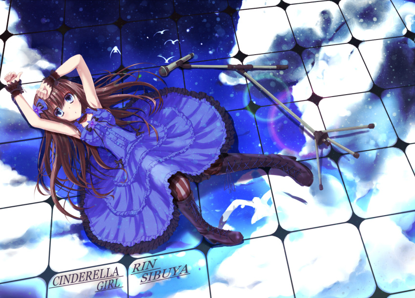 1girl armpits azican bird blue_eyes brown_hair choker cross-laced_footwear flower frills hair_ornament idolmaster idolmaster_cinderella_girls long_hair microphone shibuya_rin sky sleeveless solo very_long_hair wrist_cuffs