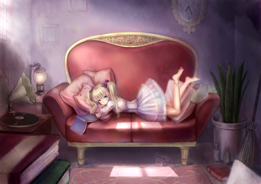 barefoot blonde_hair book bow clock couch dress earrings feet green_eyes hair_bow highres jewelry long_hair lying on_stomach original phonograph pillow pillow_hug plant pointy_ears potted_plant rotary_phone solo twintails tyun