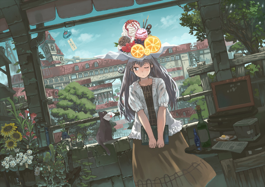 bottle cactus cat city computer dress dutch_angle egg envelope flower food food_as_clothes fruit highres ice_cream imoman laptop orange original parfait personification pixiv plant pocky potted_plant solo strawberry sunflower table toast toaster wind_chime