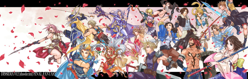 6+girls absurdres alternate_costume applemac armor bandana bare_shoulders black_hair blonde_hair blue_eyes brown_eyes brown_hair butz_klauser cain_highwind cape carrying cecil_harvey circlet cloud_strife dagger detached_sleeves dissidia_012_final_fantasy dissidia_final_fantasy dog_tags dual_wielding elf elvaan everyone facial_hair final_fantasy final_fantasy_i final_fantasy_ii final_fantasy_iii final_fantasy_iv final_fantasy_ix final_fantasy_v final_fantasy_vi final_fantasy_vii final_fantasy_viii final_fantasy_x final_fantasy_xi final_fantasy_xii final_fantasy_xiii fingerless_gloves flower fraternity frioniel gloves green_eyes grin gun headband helmet heterochromia high_heels highres japanese_clothes jecht jewelry laguna_loire lightning_farron long_hair long_image low-tied_long_hair multiple_boys multiple_girls necklace onion_knight open_clothes open_mouth open_shirt paladin petals pink_hair pointy_ears polearm prishe purple_hair red_rose rose rose_petals scar shantotto shield shirt shoes shoulder_carry smile spear spiked_hair spiky_hair squall_leonhart staff sword tail tarutaru tidus tifa_lockhart tina_branford topless vaan warrior_of_light weapon white_hair wide_image wink yuna zidane_tribal