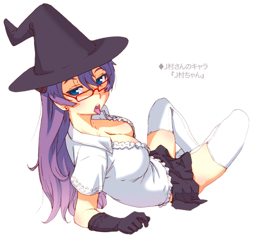 breasts cleavage glasses gloves hat large_breasts long_hair oono_tsutomu original purple_hair skirt solo thigh-highs thighhighs tongue witch_hat zettai_ryouiki