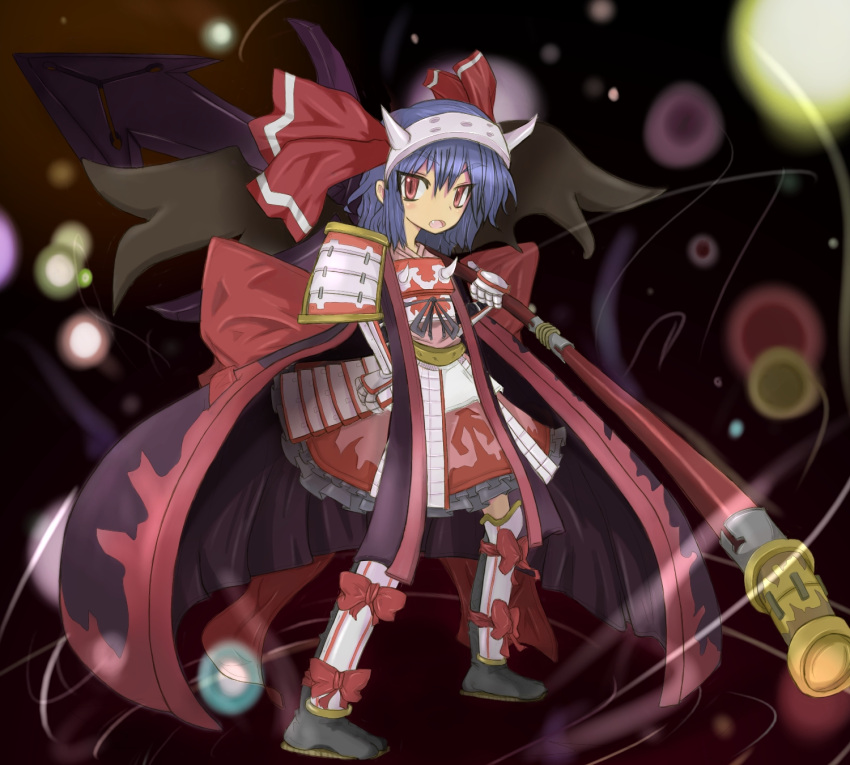 alternate_costume armor blue_hair cape highres red_eyes remilia_scarlet short_hair solo touhou weapon wings zetsukame