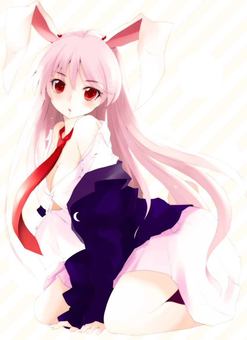 animal_ears bare_shoulders blazer blush breasts bunny_ears bunny_tail cleavage colored crescent dress_shirt highres kneeling large_breasts long_hair looking_at_viewer necktie nikka nikka_(cryptomeria) no_bra off_shoulder open_clothes pink_hair pleated_skirt red_eyes reisen_udongein_inaba shirt skirt solo striped striped_background tail touhou v_arms very_long_hair yume_shokunin
