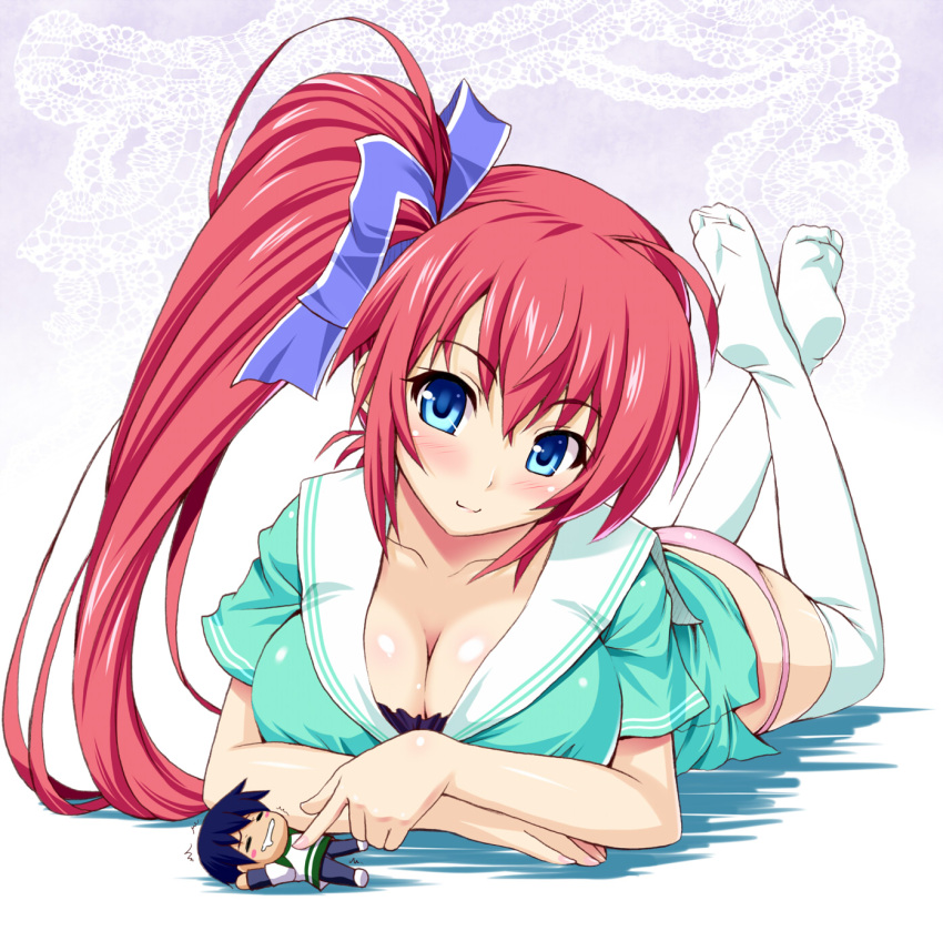 :3 blue_eyes blush breasts cleavage collarbone comic_party crossed_legs_(lying) drooling face feet foreshortening hair_ribbon highres kawase_seiki large_breasts long_hair looking_at_viewer lying on_stomach panties pink_panties red_hair redhead ribbon sendou_kazuki side_ponytail smile solo takase_mizuki thigh-highs thighhighs underwear white_legwear