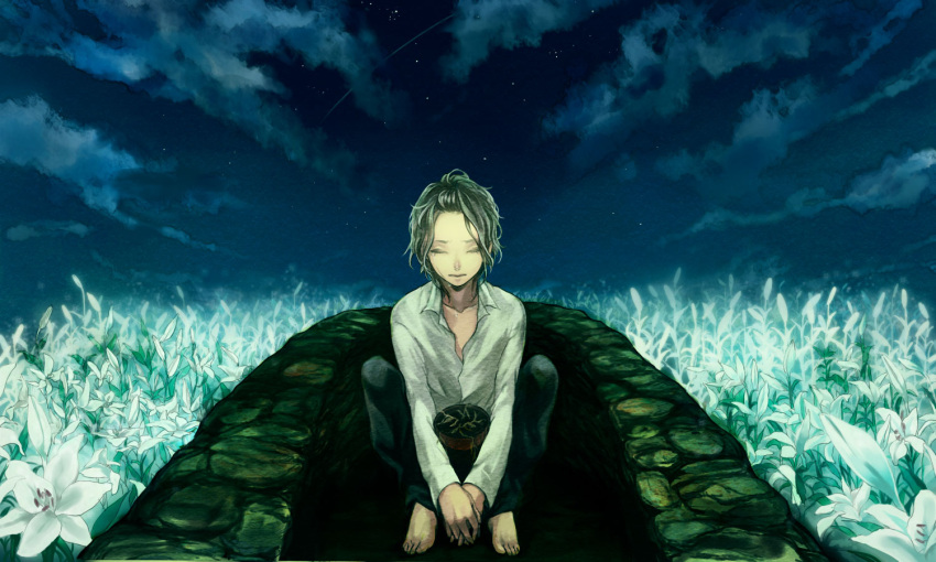 bad_id barefoot brown_hair cloud clouds dress_shirt flower lily_(flower) male night night_sky original plant potted_plant routemoc shirt sky solo star_(sky) tears