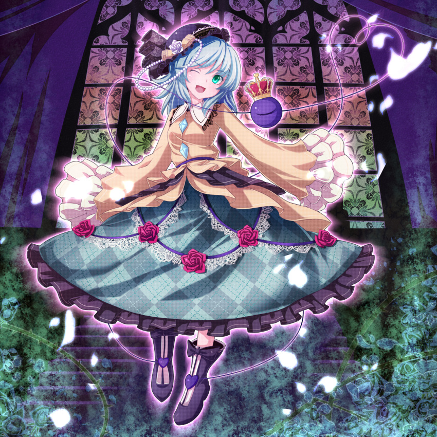 argyle bow crown embellished_costume flower frills hat head_tilt heart heart_of_string highres komeiji_koishi lace long_sleeves nikka nikka_(cryptomeria) open_mouth pearl petals red_rose rose rose_petals sleeves_past_wrists solo stairs third_eye thorns touhou unmoving_pattern vines window wink