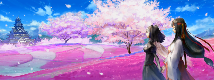 aldora blind cherry_blossoms hand_holding headband highres holding_hands japanese_clothes long_hair low-tied_long_hair miko multiple_girls nun queen's_blade queen's_blade tomoe white_hair
