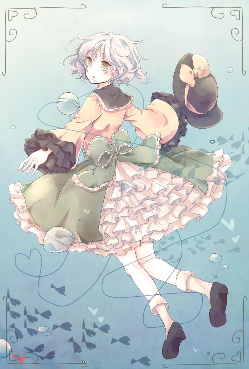 blush bow bubble eyeball fish green_eyes hat hat_removed headwear_removed heart heart-shaped_pupils highres holding karunabaru komeiji_koishi open_mouth outstretched_arms shirt short_hair silver_hair skirt solo submerged symbol-shaped_pupils third_eye touhou water