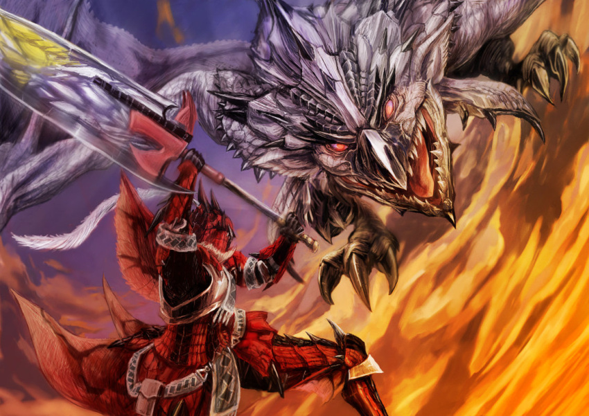 battle cpux4 fang full_armor gauntlets gloves helmet huge_weapon male monster monster_hunter open_mouth rathalos rathalos_(armor) red_eyes silver_rathalos sky sword weapon wyvern