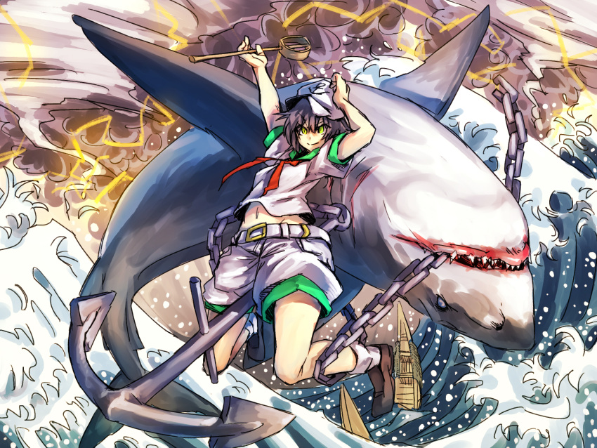 1girl anchor arm_up belt black_hair boat chain cloudy_sky hand_on_hat hat highres hishaku legs_up lightning looking_at_viewer midriff murasa_minamitsu navel neckerchief sailor sailor_hat shark short_hair shorts sinking smile solo storm temmasa22 touhou waves waving yellow_eyes