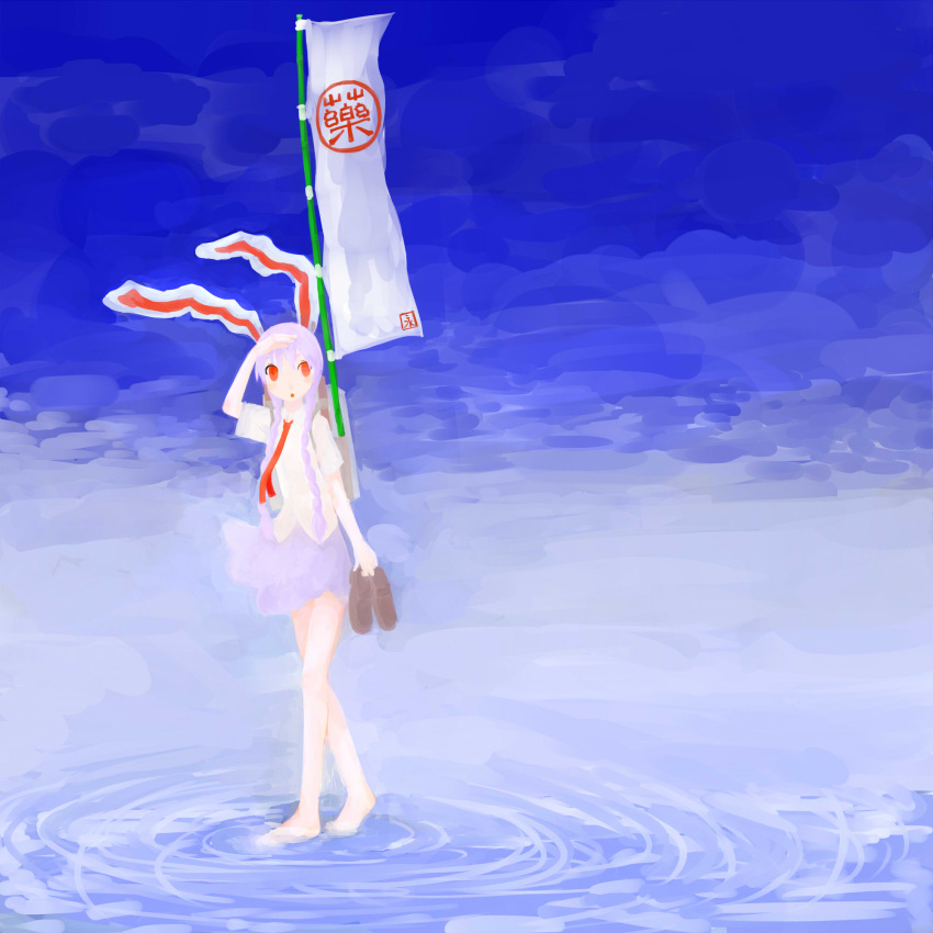 :o animal_ears banner bare_legs barefoot blush braid bunny_ears flag hand_on_forehead highres holding holding_shoes long_hair necktie open_mouth purple_hair red_eyes reisen_udongein_inaba ripples sakana_(packetsjp) sashimono skirt solo touhou traditional_media translated twin_braids water