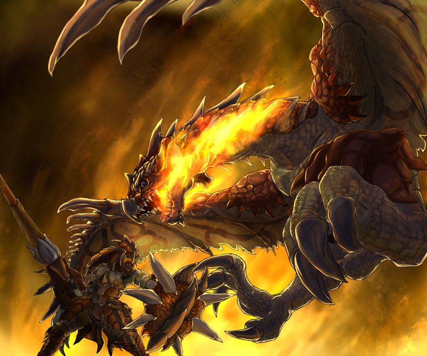 bad_id battle blue_eyes fang fire full_armor gauntlets gloves hatomune6 helmet highres lance monster monster_hunter open_mouth polearm rathalos rathalos_(armor) shield weapon wyvern