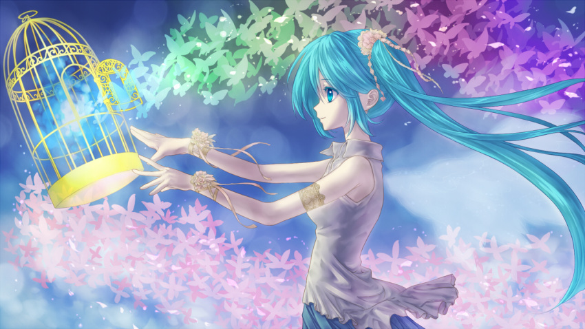 aqua_eyes aqua_hair armband birdcage butterfly cage hatsune_miku long_hair profile solo twintails very_long_hair vocaloid yuuno_(hack_y)