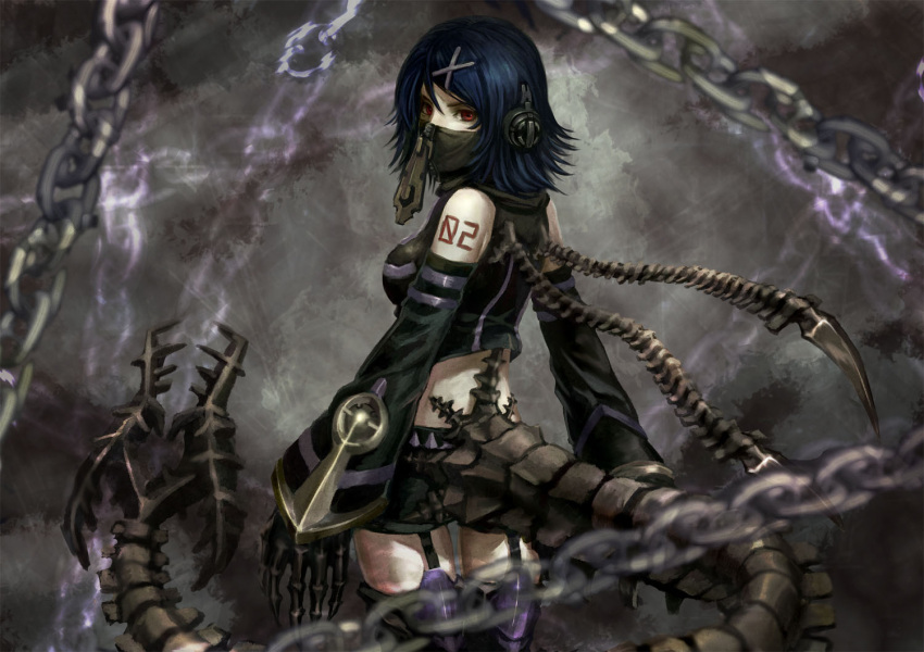 alternate_hair_color bare_shoulders black_hair black_legwear chain chains claws dark_persona detached_sleeves face_mask foa_(vocaloid) from_behind gloves hair_ornament hairclip headphones kagamine_rin looking_back red_eyes short_hair shorts solo tail thigh-highs thighhighs trans_nido vocaloid zipper