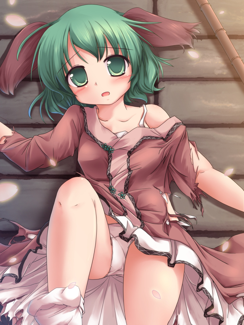 animal_ears bamboo bare_shoulders blush brown_dress cherry_blossoms dress green_eyes green_hair highres kasodani_kyouko lzh off_shoulder on_back open_mouth panties pink_dress solo torn_clothes touhou underwear upskirt white_panties