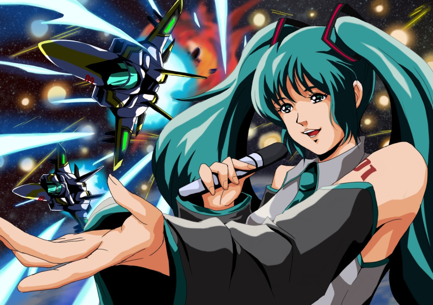 80s aqua_hair battle beam choujikuu_yousai_macross crossover detached_sleeves epic explosion hatsune_miku hatsune_miku_(cosplay) hita_(el_toro) kagamine_len kagamine_rin long_hair lynn_minmay macross macross:_do_you_remember_love? mecha microphone necktie oldschool parody reaching solo space space_craft style_parody twintails vf-1 vocaloid