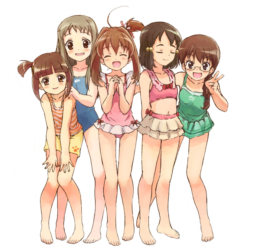 5girls :d ahoge bare_legs barefoot bikini braid brown_hair casual_one-piece_swimsuit character_request feet glasses hair_bobbles hair_ornament hands_on_knees happy highres hinoki_shiho jewel_pet_tinkle jewelpet_(series) jewelpet_tinkle long_hair looking_at_viewer multiple_girls nagura_mai nyama one-piece_swimsuit open_mouth sakura_akari short_hair shorts side_ponytail smile standing swimsuit tomoe_(jewelpet_tinkle) twintails wataki_nanami