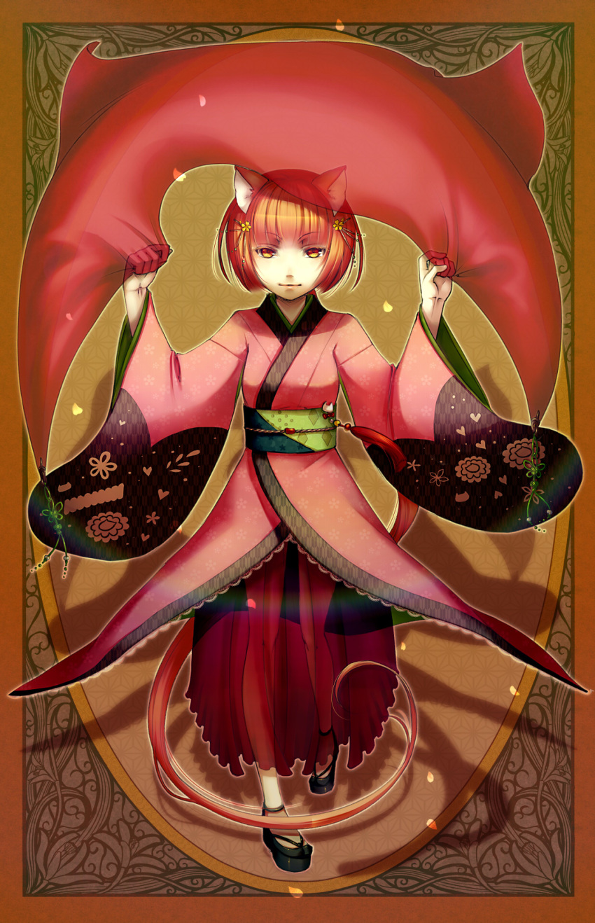 cape cat_ears hair_ornament hairpin highres japanese_clothes kimono long_hair nekomura_iroha ponytail red_hair redhead see-through solo starcrown vocaloid yellow_eyes
