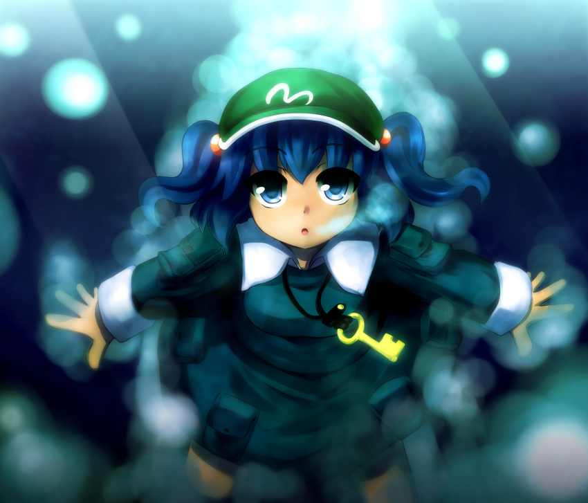 :o absurdres blue_eyes blue_hair bubble dress hair_bobbles hair_ornament highres kawashiro_nitori key open_mouth outstretched_arms pocket pockets ryu_(multitask) ryuu_(multitask) short_hair solo spread_arms touhou twintails underwater
