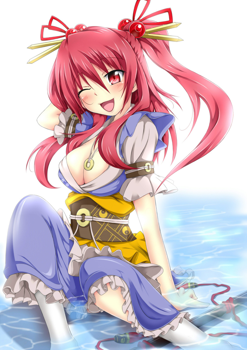 alternate_hairstyle blush breasts cleavage fallen_down hair_bobbles hair_ornament highres jewelry large_breasts long_hair necklace onozuka_komachi open_mouth red_eyes red_hair redhead sitting smile solo submerged tjk touhou water wink