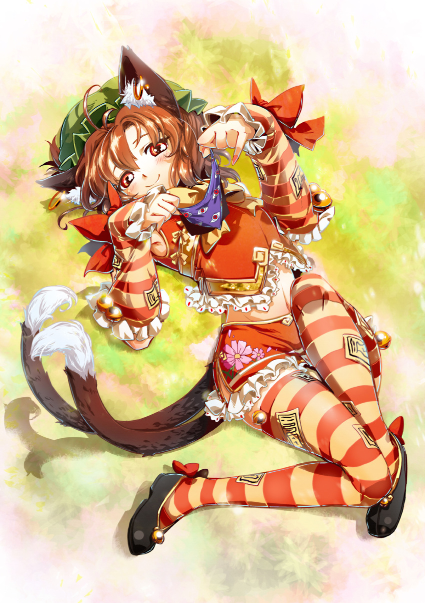 adapted_costume animal_ears bell brown_hair cat_ears cat_tail chen detached_sleeves earrings embellished_costume fingernails hat highres im_(badmasa) jewelry jingle_bell long_fingernails lying miniskirt multiple_tails nail_polish navel ofuda on_back red_eyes skirt smile solo striped striped_legwear striped_thighhighs tail thigh-highs thighhighs touhou zettai_ryouiki